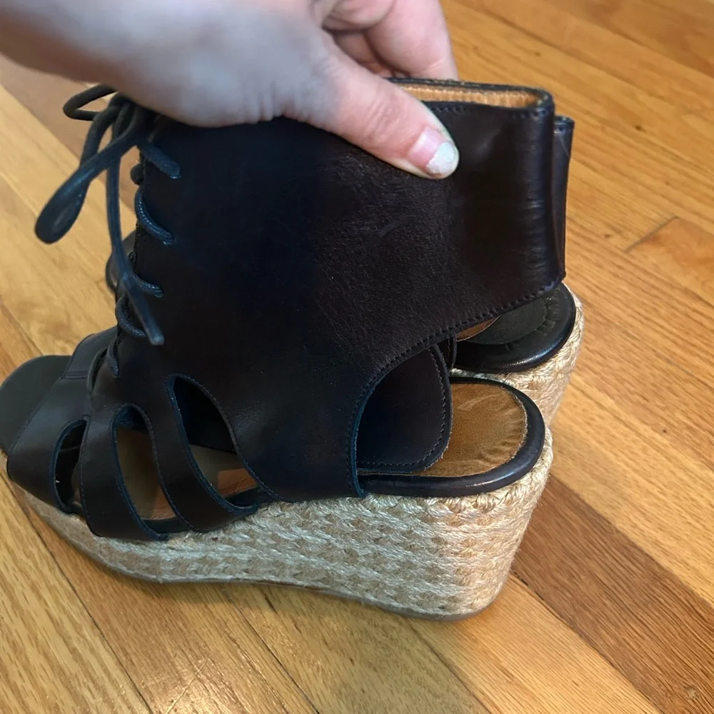 Black Leather Lace-Up Wedge‎ Sandals